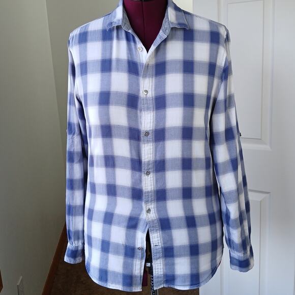 Calvin Klein Blue Checks Classic Fit Button up Shirt S repaired cotton roll tab - Picture 2 of 16